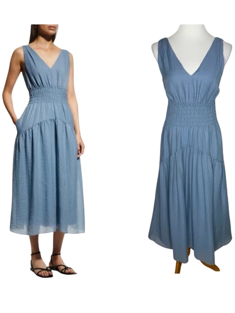 Vince Sleeveless V-Neck Smocked Midi Dress Size XS Lake Blue Pockets Parisian